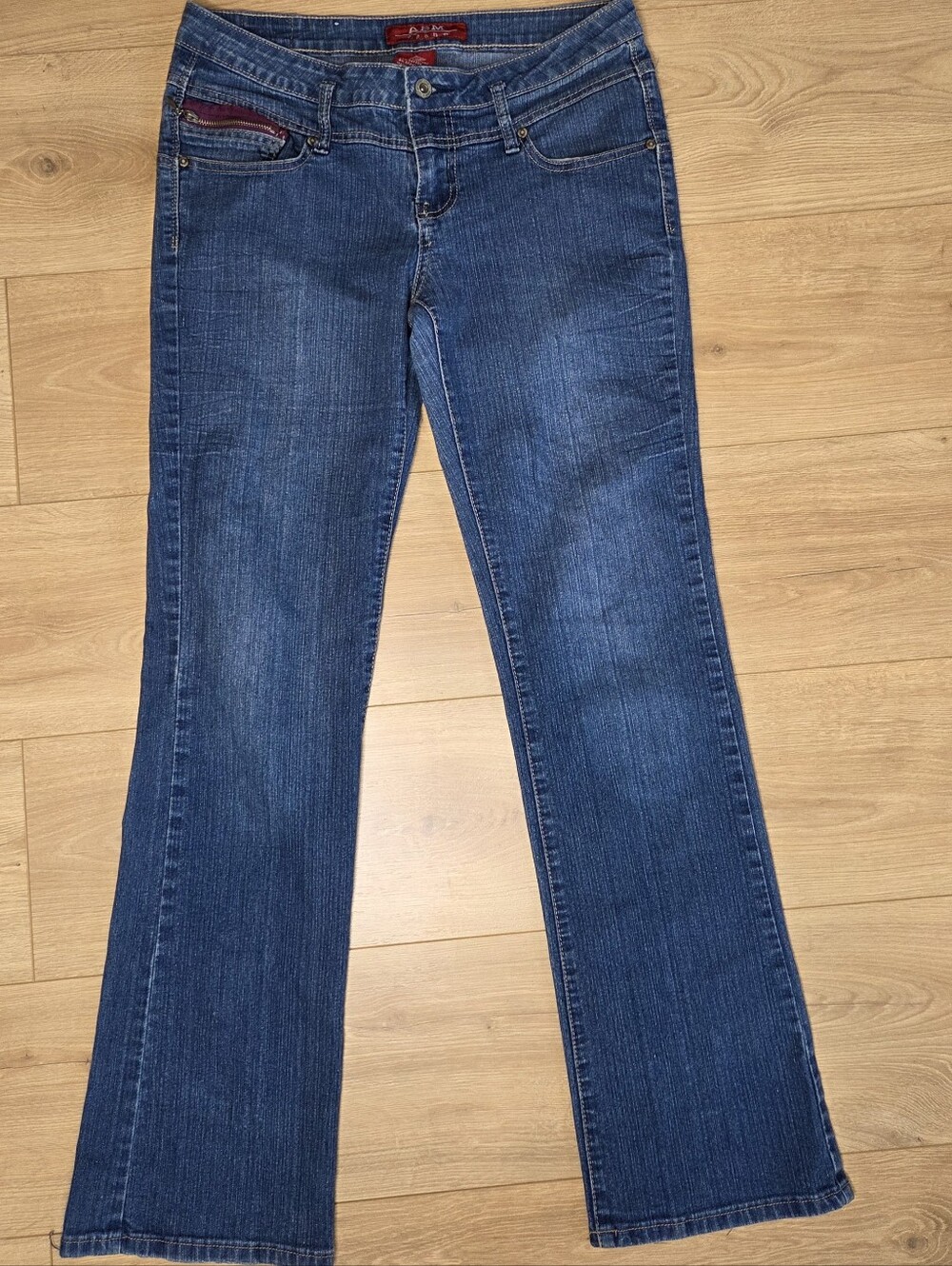 ABM Y2K Low Rise Bootcut Stretch Jeans Flap Pockets Purple Zipper Accent Size 9